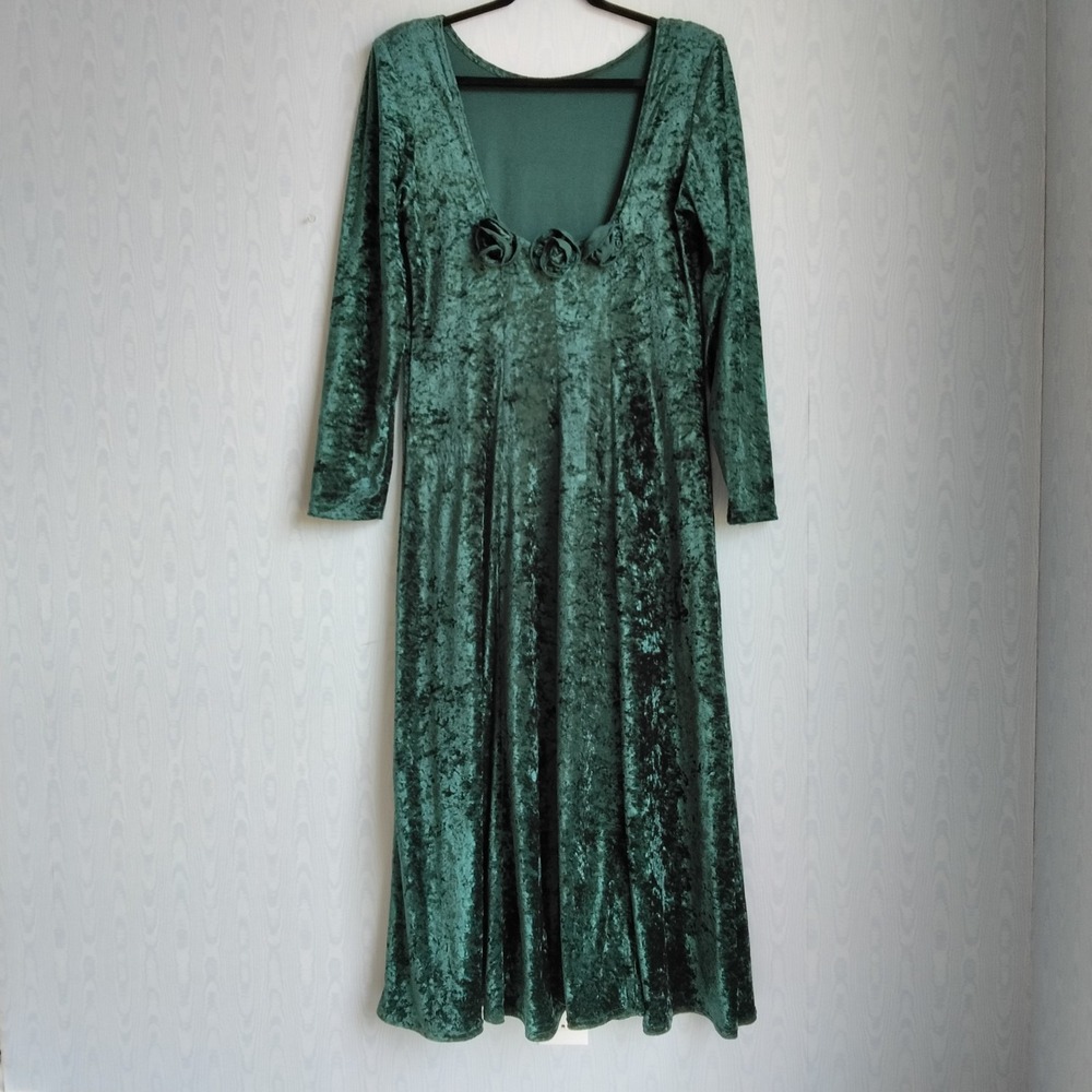 Vtg 90s Medium Crushed Velvet Maxi Dress Green Whimsigoth Forest Fairy Grunge